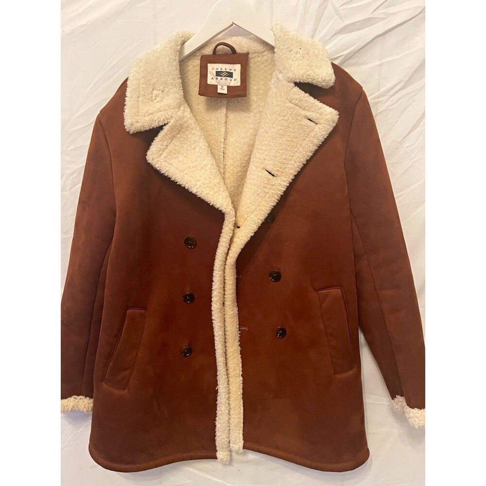 Joseph Abboud Brown Faux Suede Pea Coat Sherpa Lined Button Front Men's M